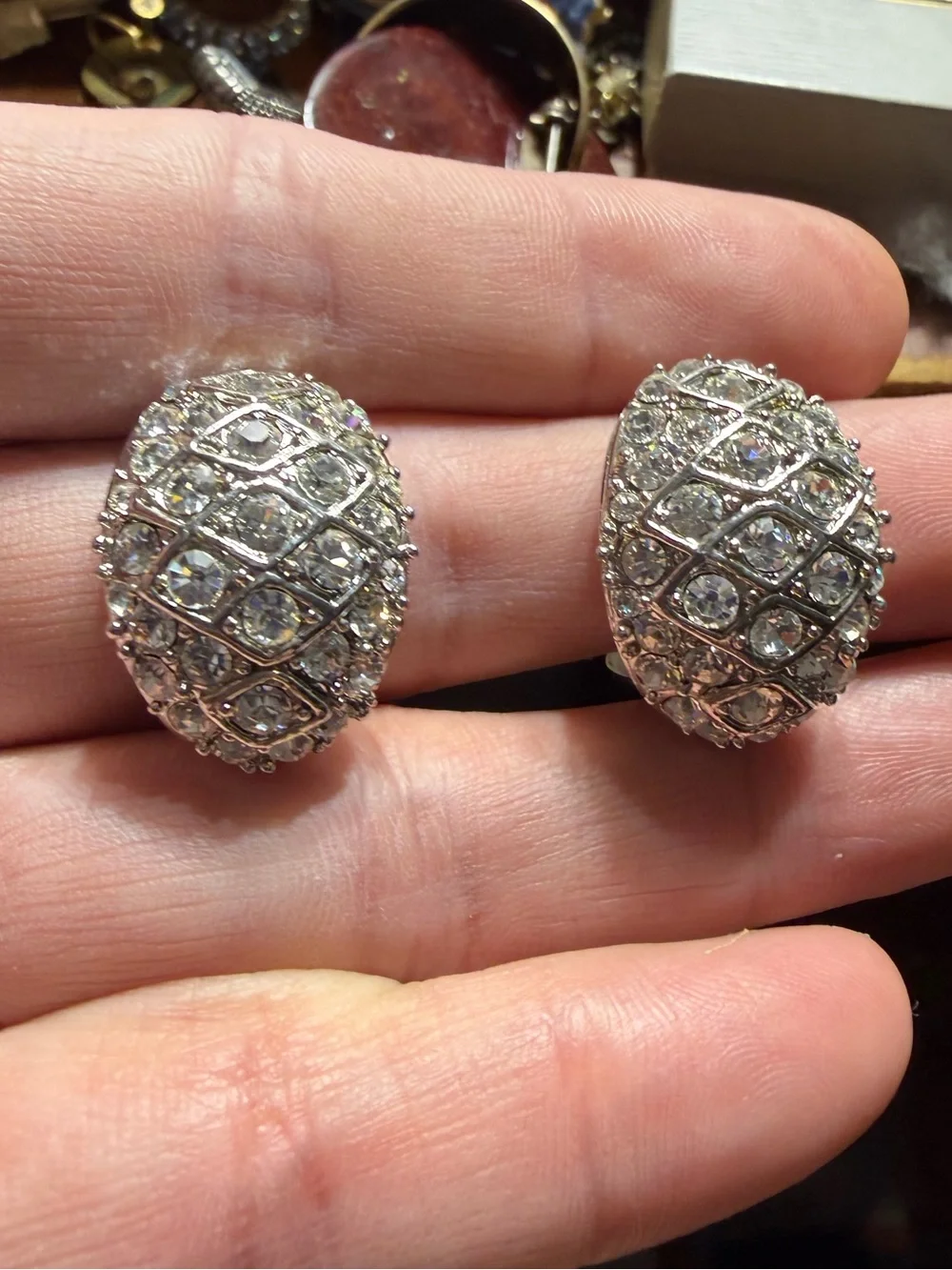 Vintage Silver-Tone Crystal Dome Clip Earrings